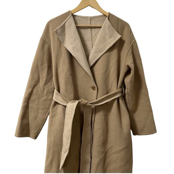 UNIQLO Womens Wool Blend Belted Longline Wrap Coat Size 4 Beige Neutral Capsule - Picture 2 of 6